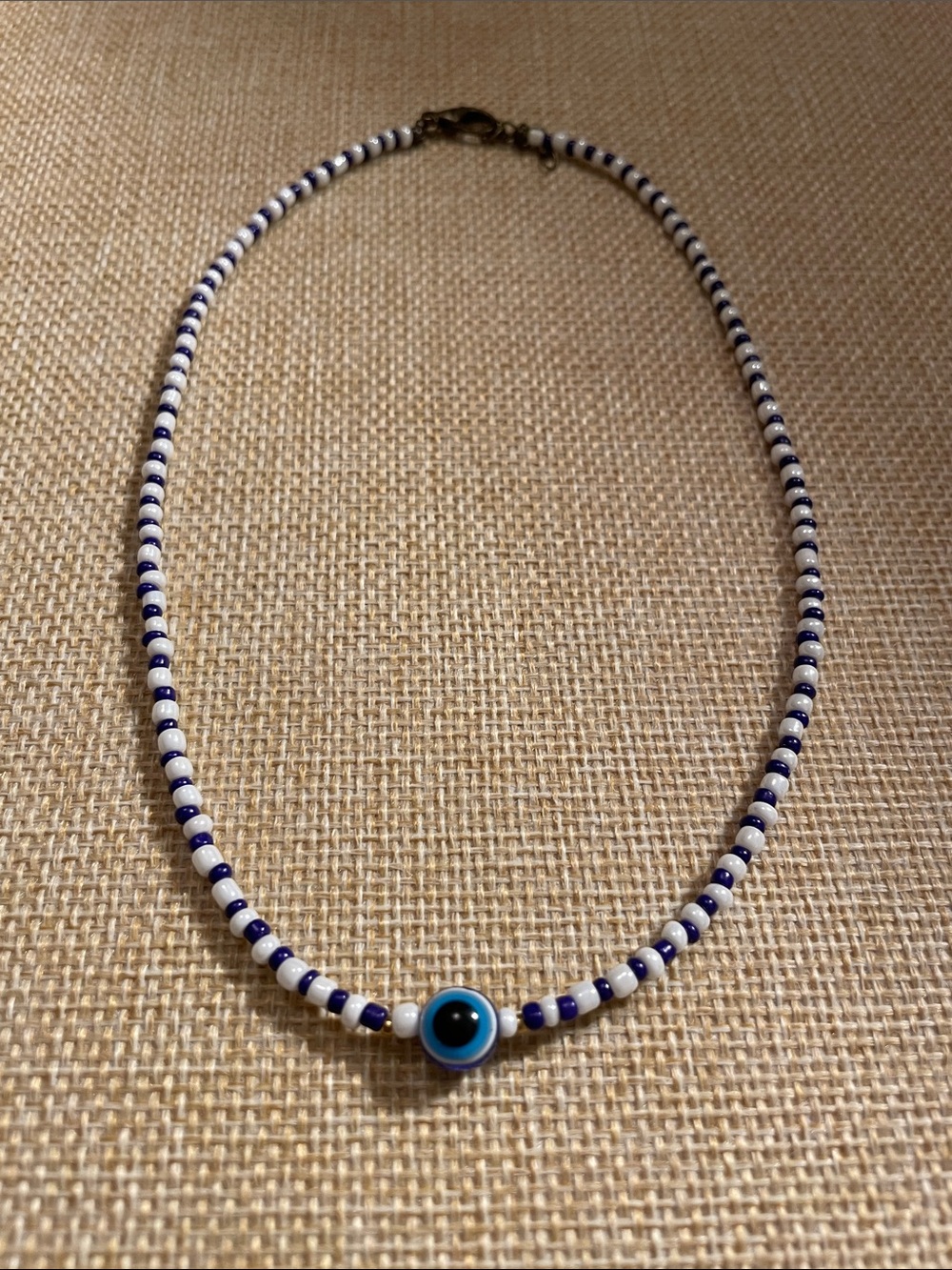 Helena Blue and White Beaded Necklace with Evil Eye Charm